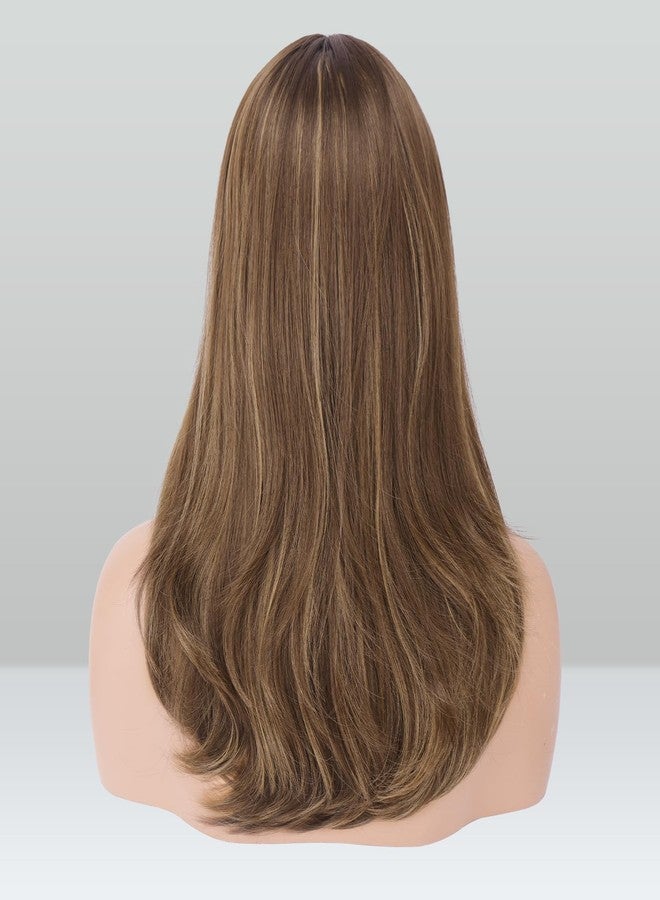 فيشبن شعر مستعار من فيشفين مع غرة للنساء، شعر مستعار صناعي طويل ذو طبقات مستقيمة بمظهر طبيعي، مناسب للاستخدام اليومي في الحفلات، طول 18 بوصة، بني مختلط أشقر - Image 3